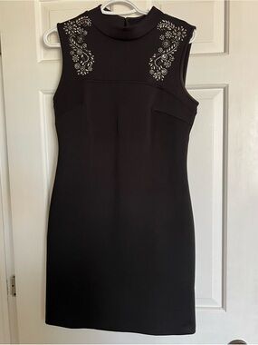 Embellished Mock Neck Black Mini Dress